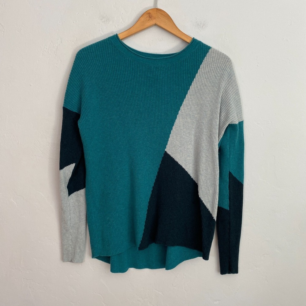 Smart Wool Color Block Sweater Women Size Small Green Black Gray Ribbed